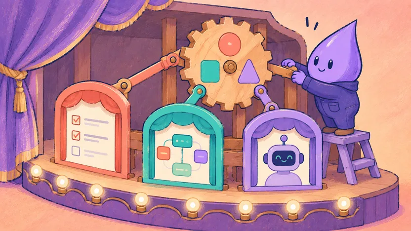 Elixir mascot connecting resource, workflow, and AI tools through a shared gear