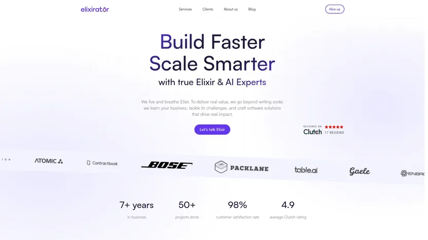 Elixirator website highlighting Elixir and AI expertise