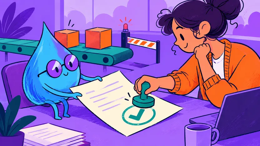 A human reviewer approving an AI-generated draft while the workflow waits before delivery